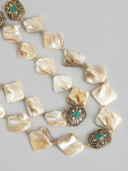 Gold-Plated Off-White & Green Beaded Layered Necklace Set with Earrings