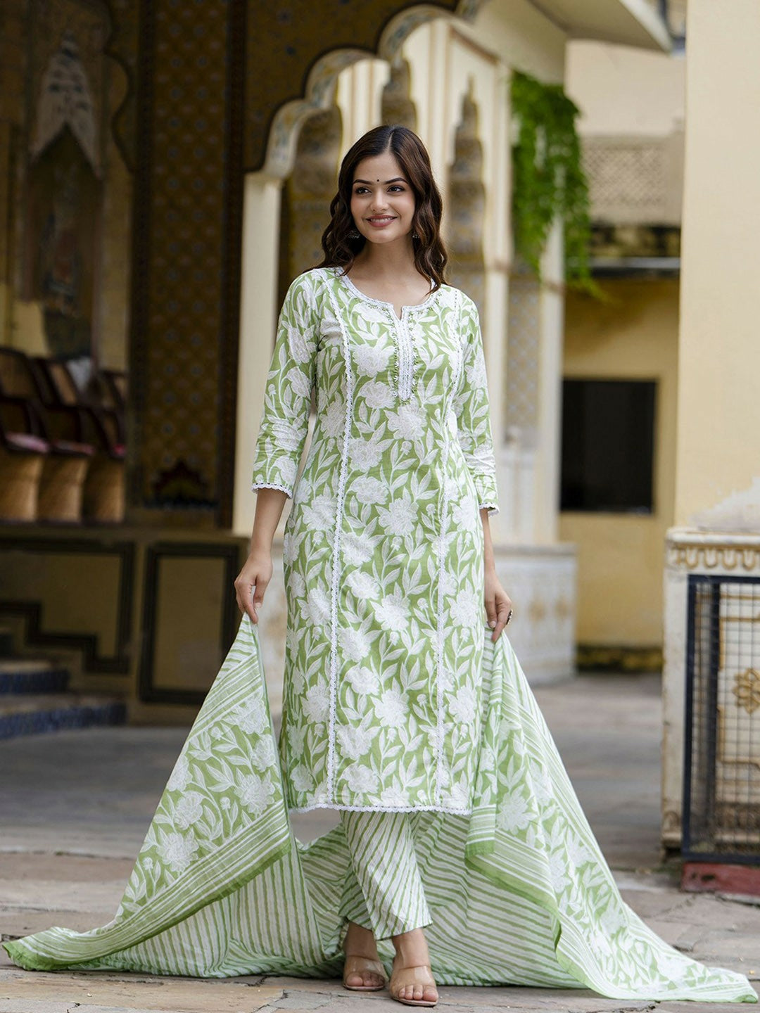 Green Floral Embroidered Straight Kurta with Printed Trouser & Dupatta