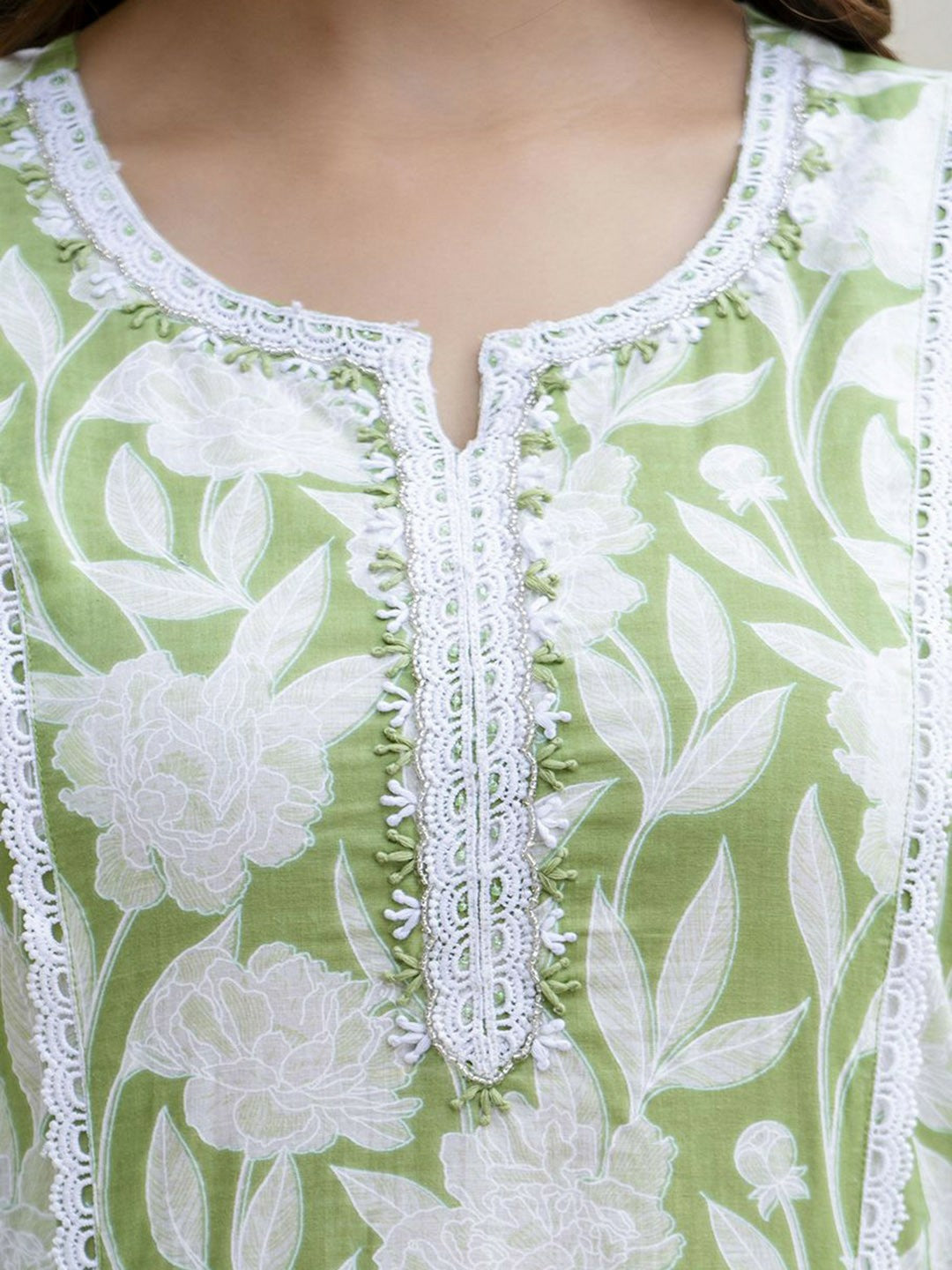 Green Floral Embroidered Straight Kurta with Printed Trouser & Dupatta