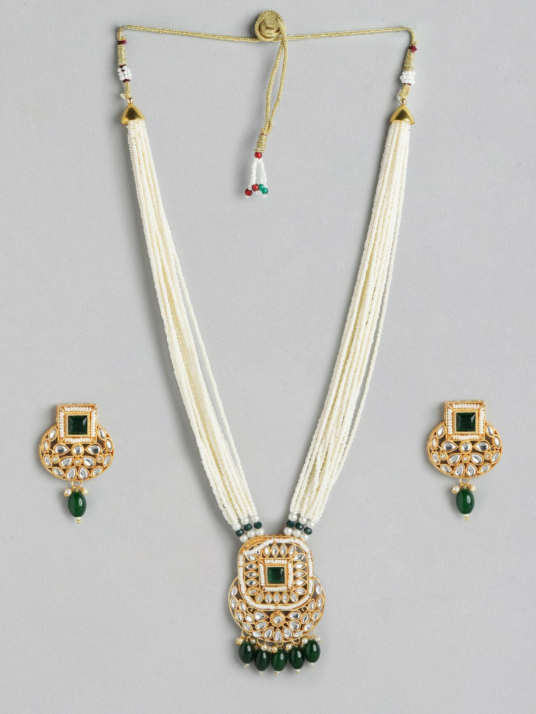 Gold-Plated Kundan Beaded Layered Necklace Set with Earrings