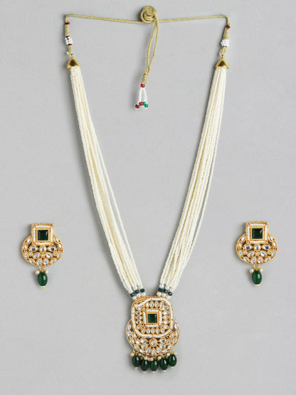 Gold-Plated Kundan Beaded Layered Necklace Set with Earrings