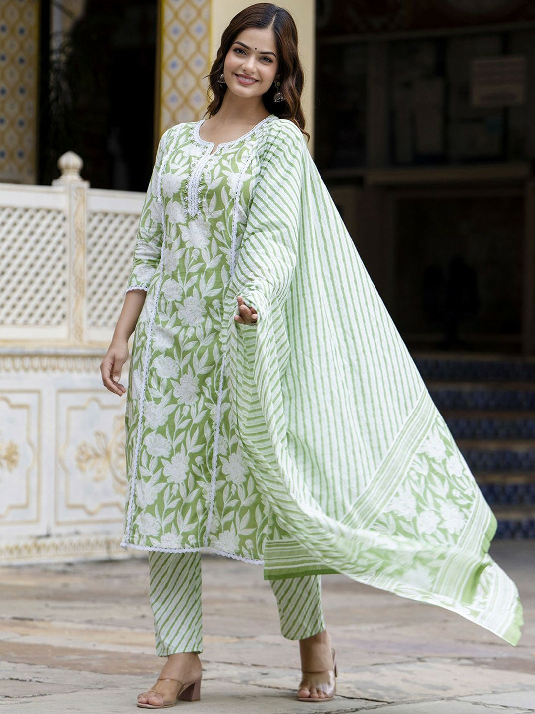 Green Floral Embroidered Straight Kurta with Printed Trouser & Dupatta