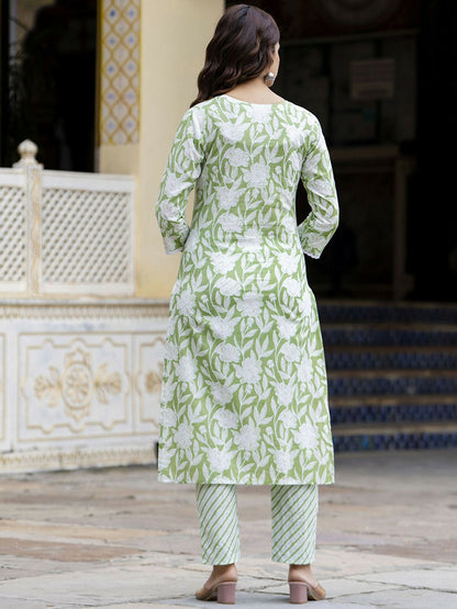 Green Floral Embroidered Straight Kurta with Printed Trouser & Dupatta