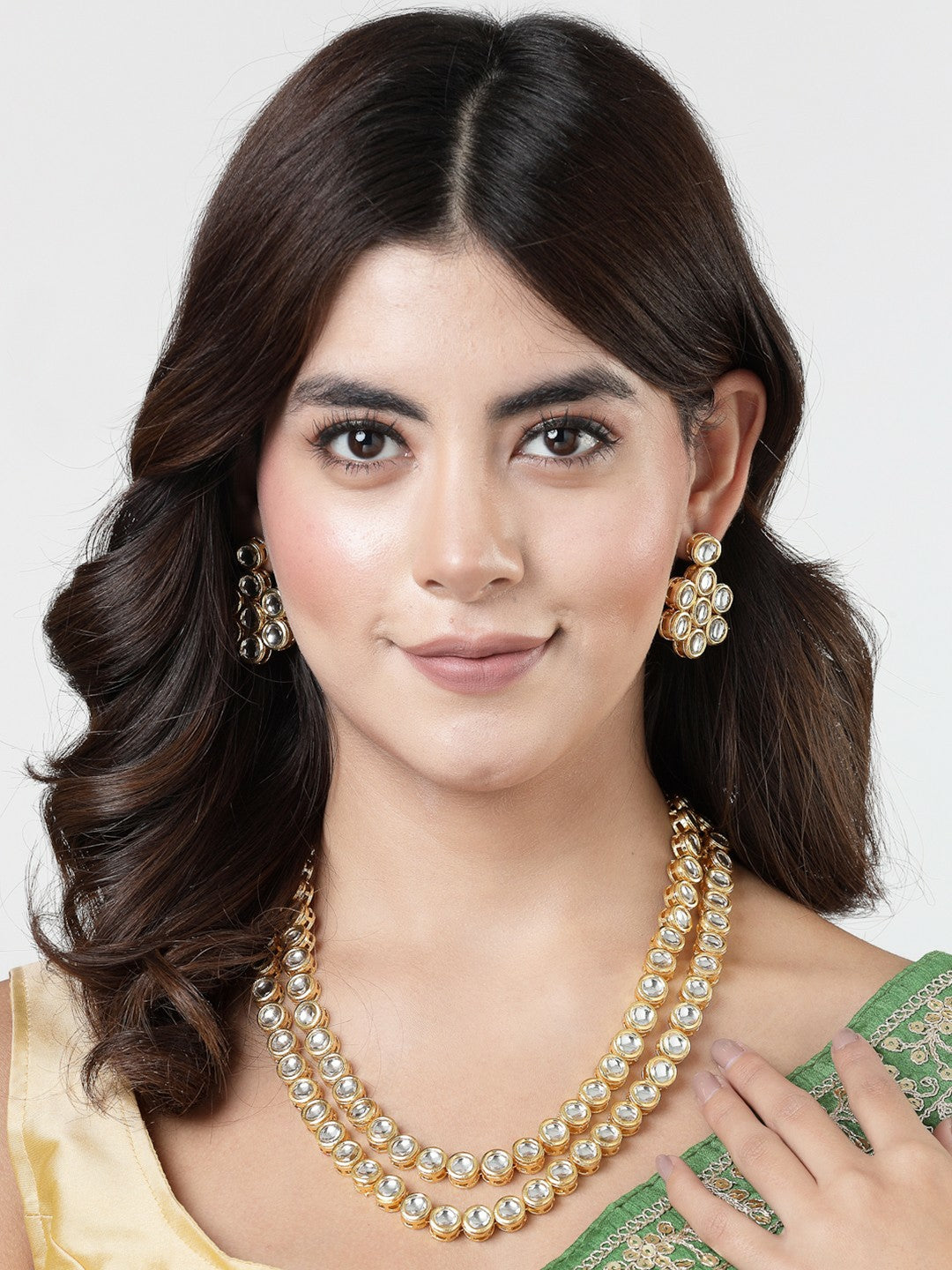 Women Gold-Tone Kundan Studded 2-Layered Necklace with Earrings