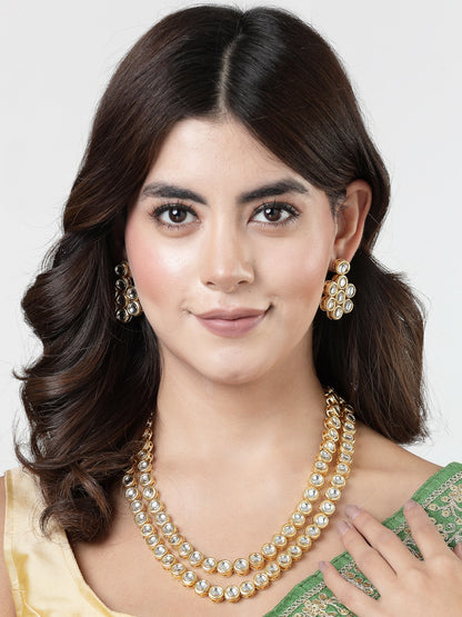 Women Gold-Tone Kundan Studded 2-Layered Necklace with Earrings