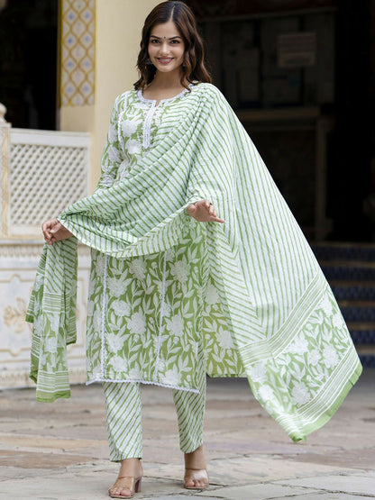 Green Floral Embroidered Straight Kurta with Printed Trouser & Dupatta