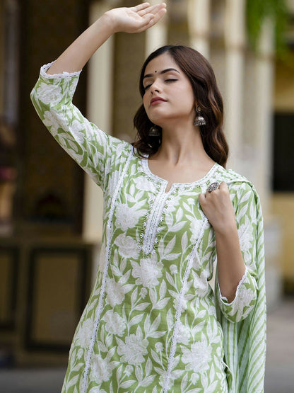 Green Floral Embroidered Straight Kurta with Printed Trouser & Dupatta