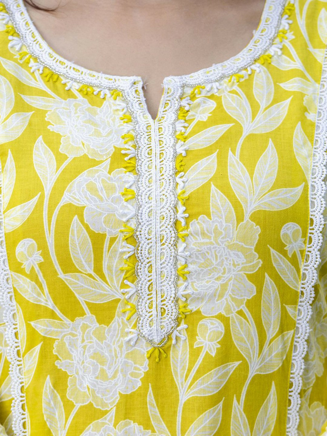 Yellow Floral Embroidered Straight Kurta with Printed Trouser & Dupatta