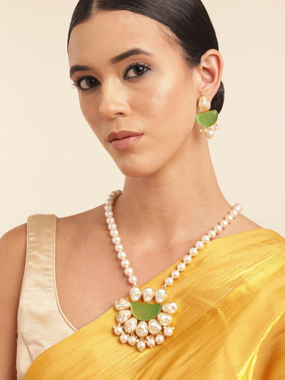 Gold-Plated Mother of Pearl & Quartz Studded Long Necklace with Earrings