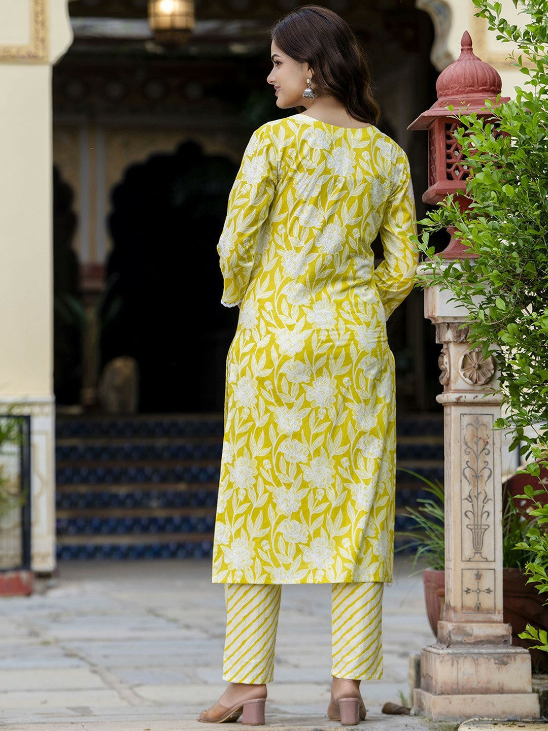 Yellow Floral Embroidered Straight Kurta with Printed Trouser & Dupatta