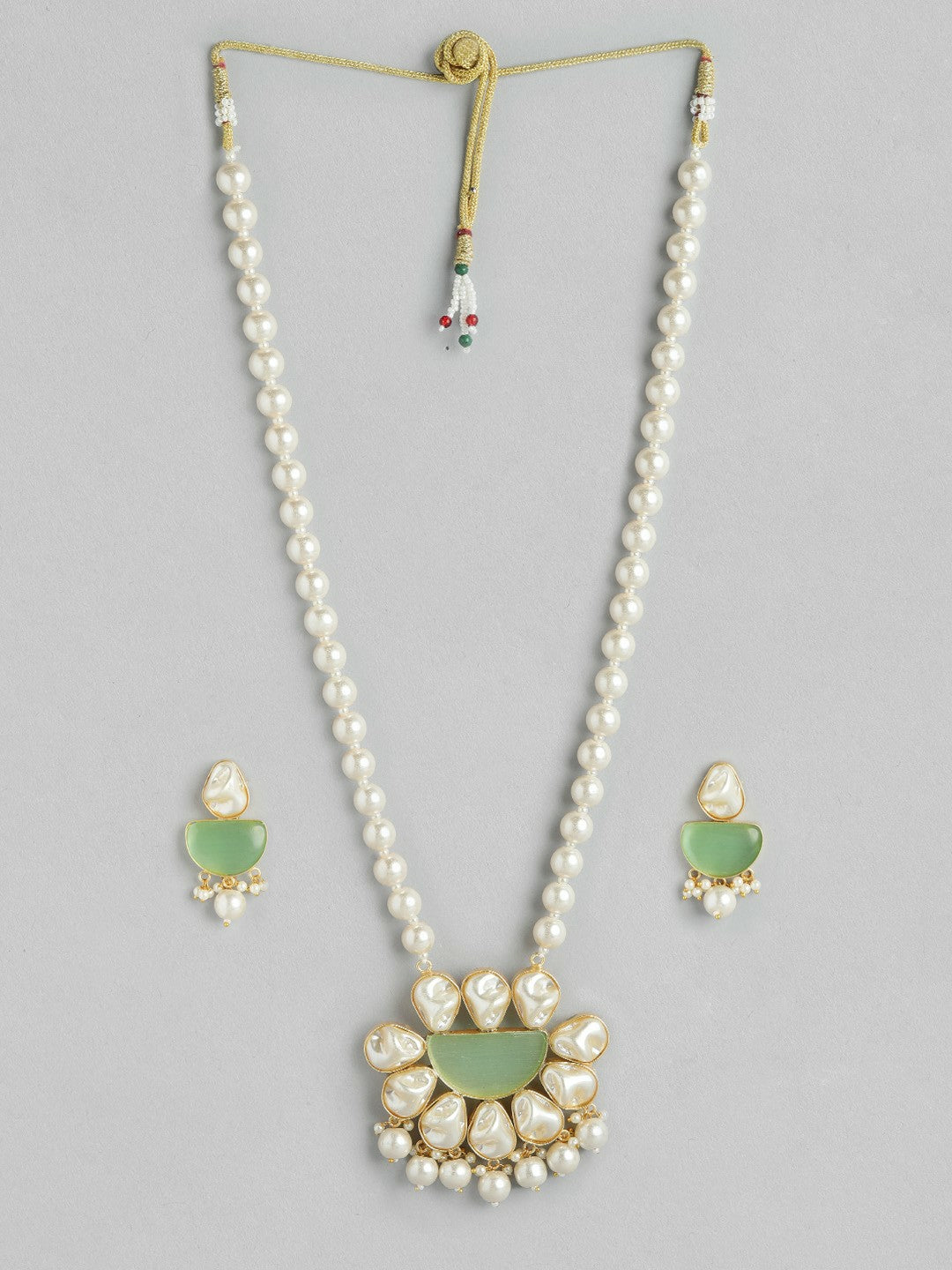 Gold-Plated Mother of Pearl & Quartz Studded Long Necklace with Earrings