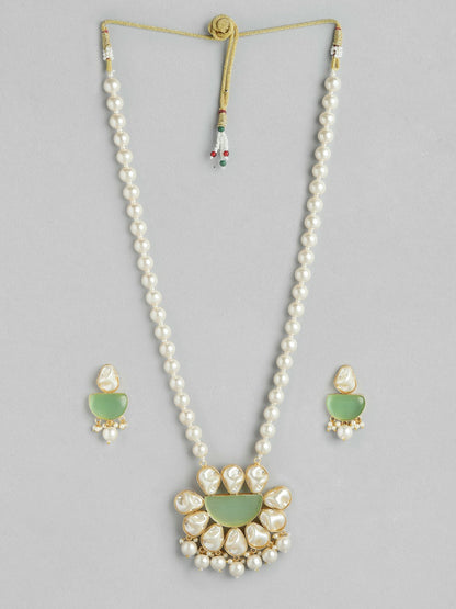 Gold-Plated Mother of Pearl & Quartz Studded Long Necklace with Earrings