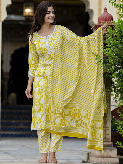 Yellow Floral Embroidered Straight Kurta with Printed Trouser & Dupatta