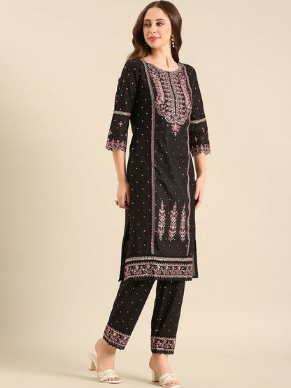 Black Floral Embroidered Cotton Kurta Set with Trousers & Dupatta
