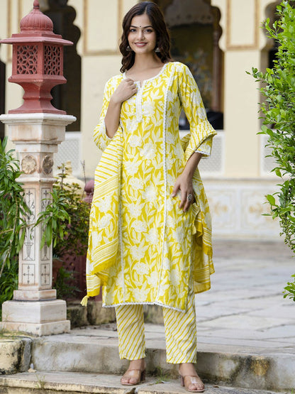 Yellow Floral Embroidered Straight Kurta with Printed Trouser & Dupatta
