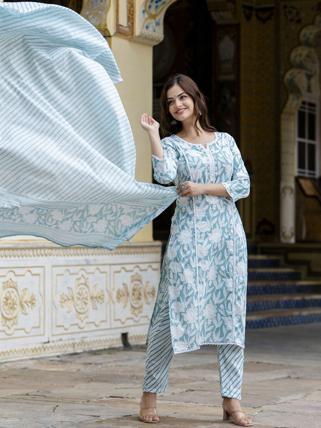 Blue Floral Embroidered Straight Kurta with Printed Trouser & Dupatta