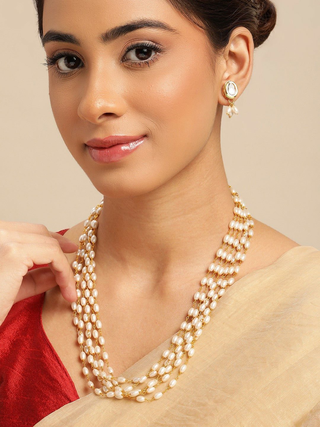 Gold-Plated Kundan Layered Necklace & Earrings Set