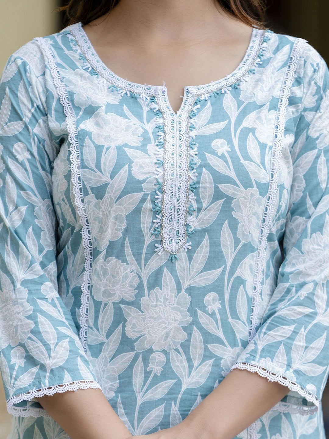 Blue Floral Embroidered Straight Kurta with Printed Trouser & Dupatta