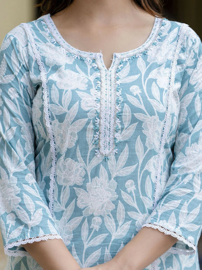Blue Floral Embroidered Straight Kurta with Printed Trouser & Dupatta