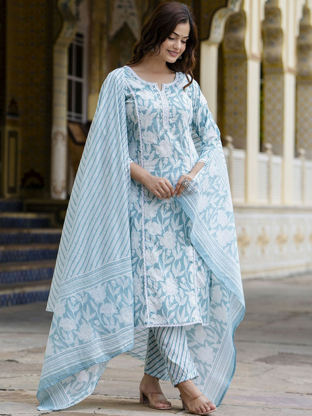 Blue Floral Embroidered Straight Kurta with Printed Trouser & Dupatta