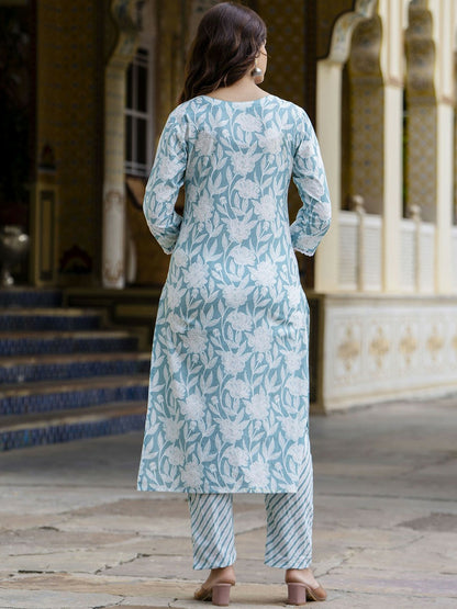 Blue Floral Embroidered Straight Kurta with Printed Trouser & Dupatta