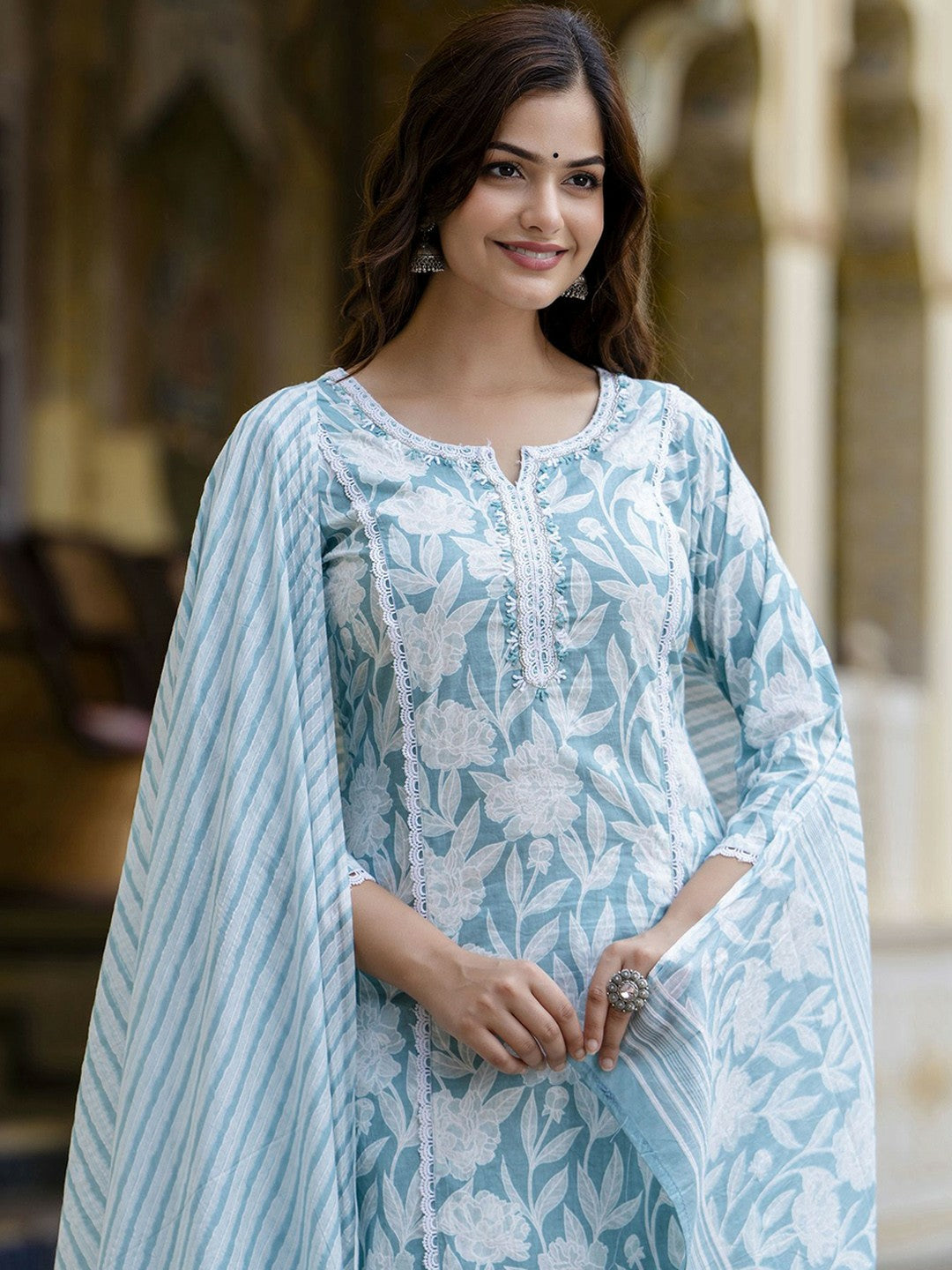 Blue Floral Embroidered Straight Kurta with Printed Trouser & Dupatta