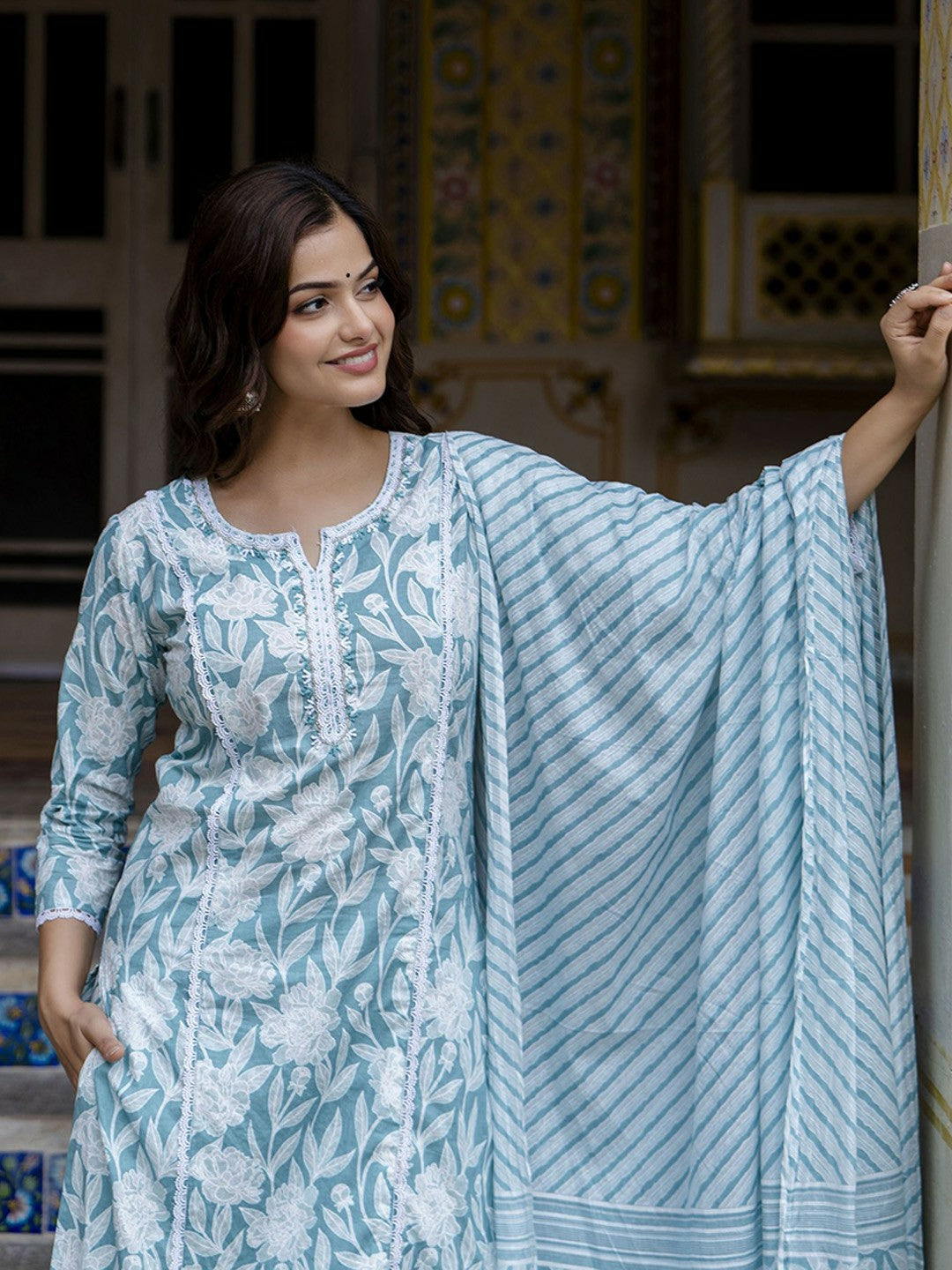 Blue Floral Embroidered Straight Kurta with Printed Trouser & Dupatta