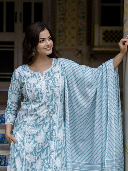 Blue Floral Embroidered Straight Kurta with Printed Trouser & Dupatta