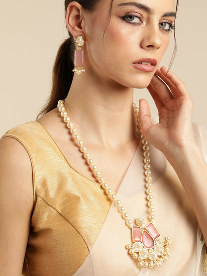 Gold Plated Baby Pink MOP & Quartz Necklace & Earring Set