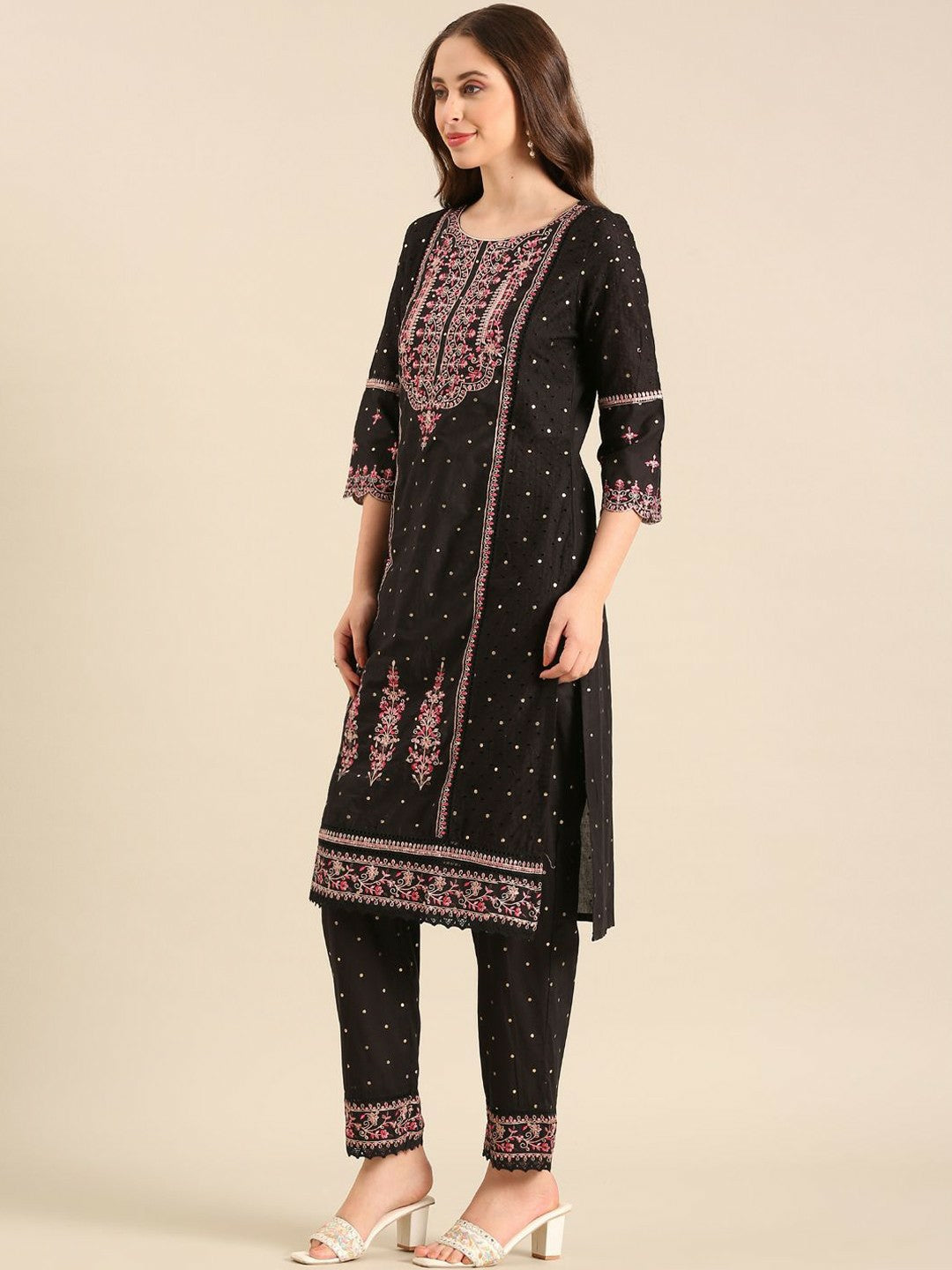 Black Floral Embroidered Cotton Kurta Set with Trousers & Dupatta