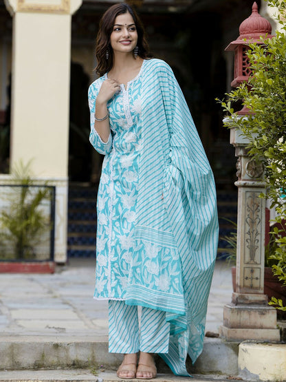 Turquoise Blue Floral Embroidered Kurta with Printed Pyjamas & Dupatta