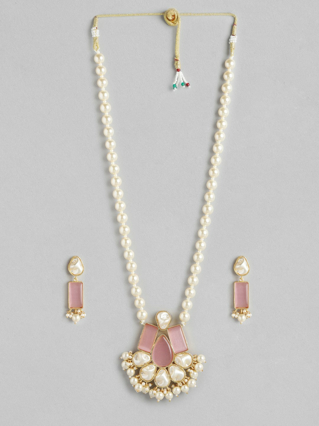 Gold Plated Baby Pink MOP & Quartz Necklace & Earring Set