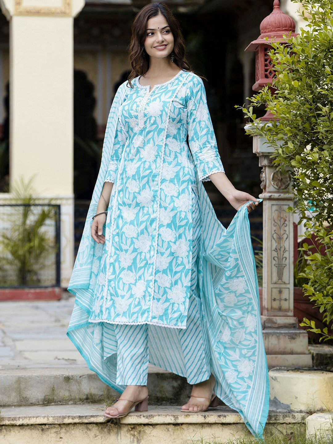 Turquoise Blue Floral Embroidered Kurta with Printed Pyjamas & Dupatta