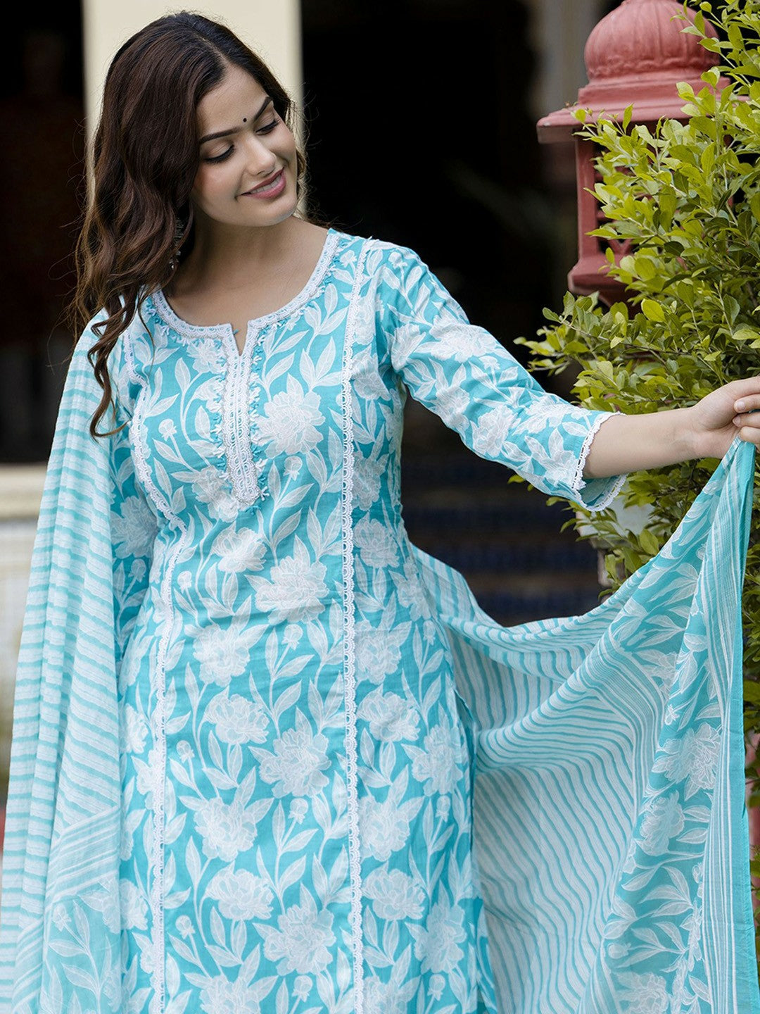 Turquoise Blue Floral Embroidered Kurta with Printed Pyjamas & Dupatta