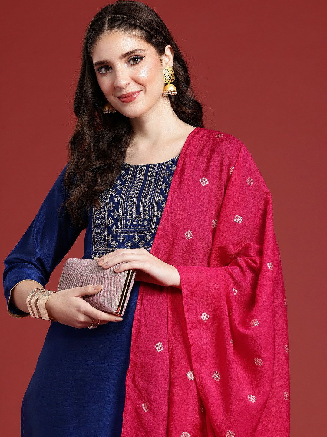 Blue Yoke Design Thread Work Kurta Set with Trousers & Dupatta