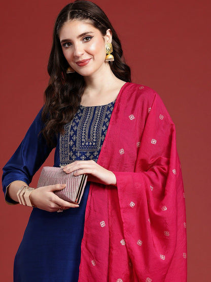 Blue Yoke Design Thread Work Kurta Set with Trousers & Dupatta