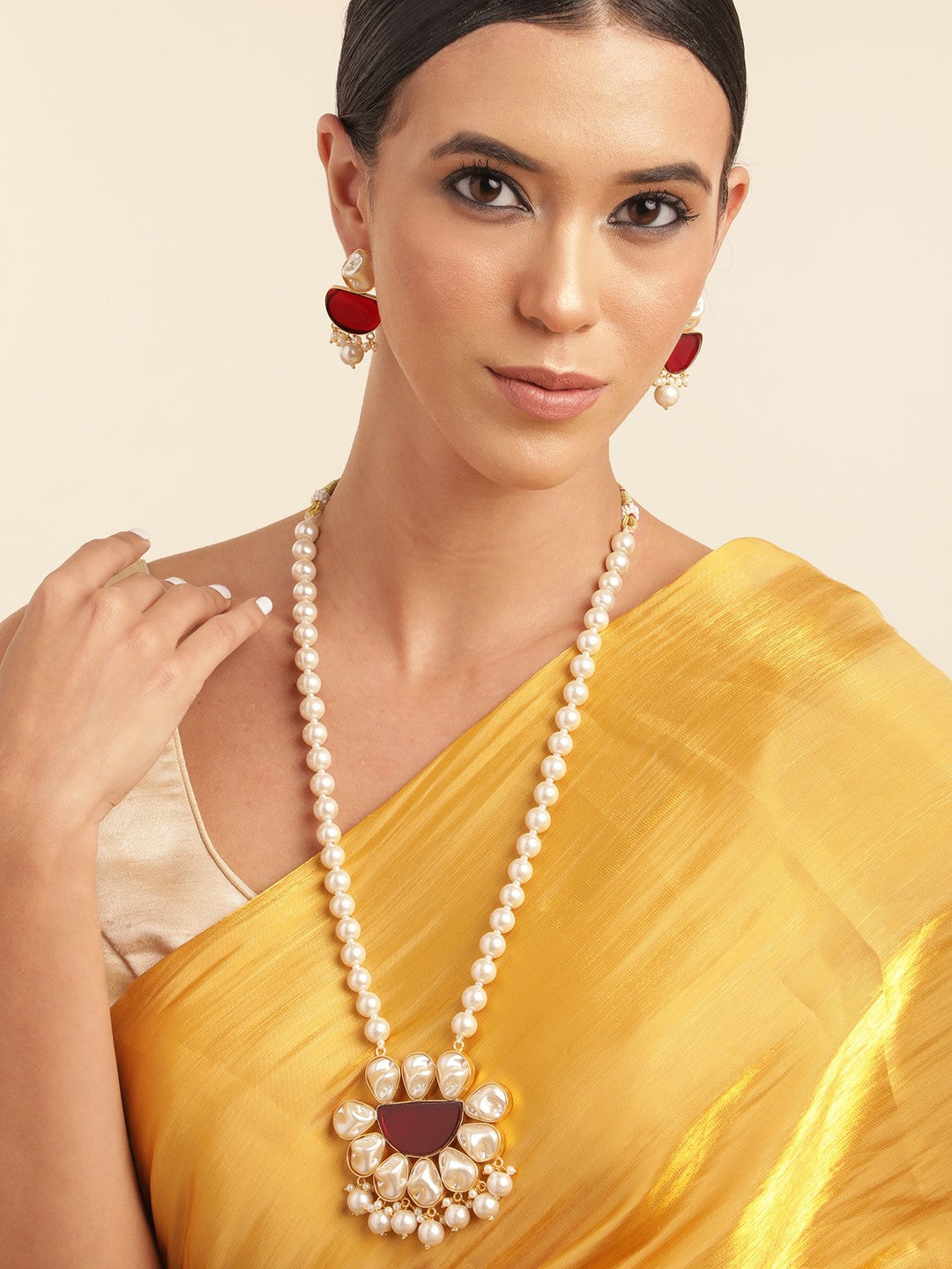 Gold Plated Beaded & MOP Studded Necklace & Earring Set