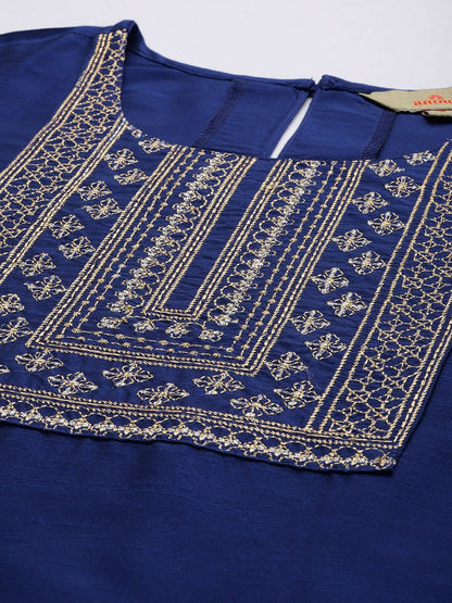 Blue Yoke Design Thread Work Kurta Set with Trousers & Dupatta