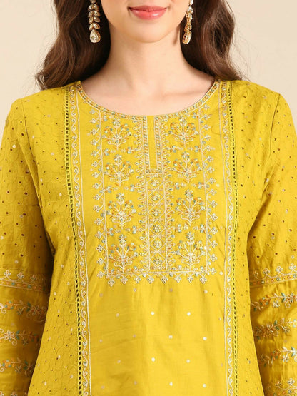 Yellow Floral Embroidered Kurta Set with Dupatta – Cotton | 3-Piece Ethnic Wear for Women