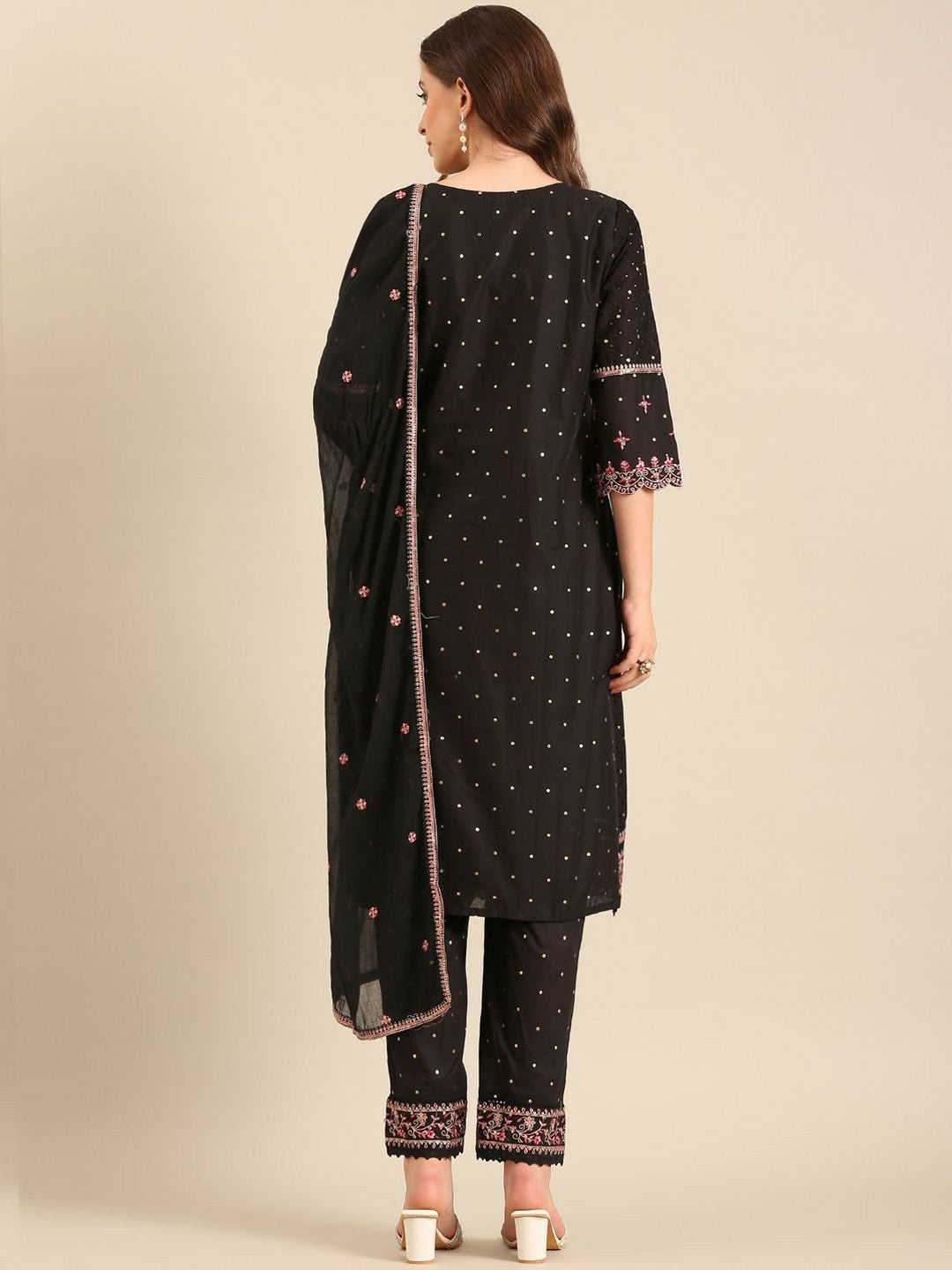 Black Floral Embroidered Cotton Kurta Set with Trousers & Dupatta