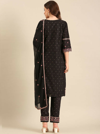 Black Floral Embroidered Cotton Kurta Set with Trousers & Dupatta