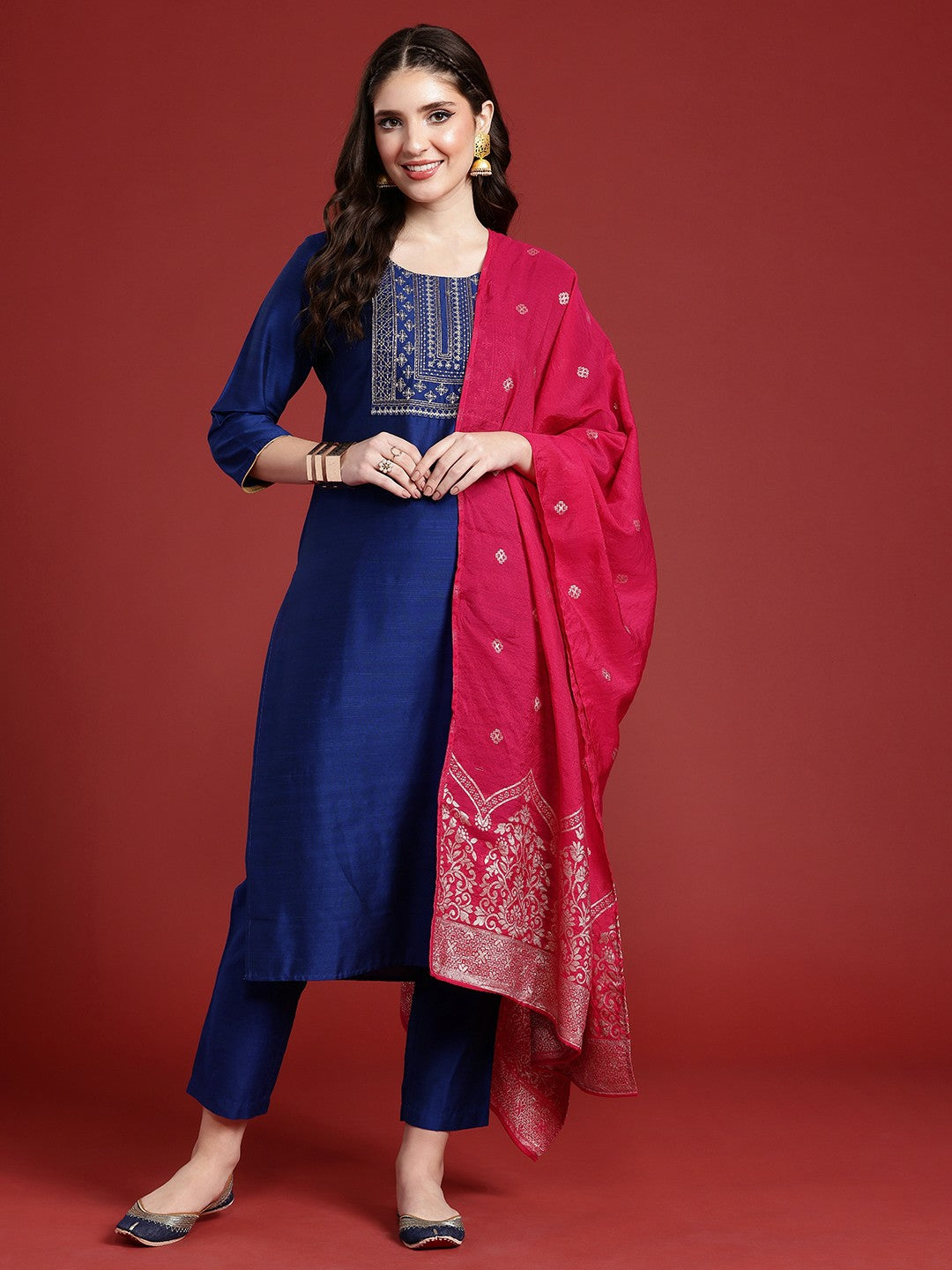 Blue Yoke Design Thread Work Kurta Set with Trousers & Dupatta