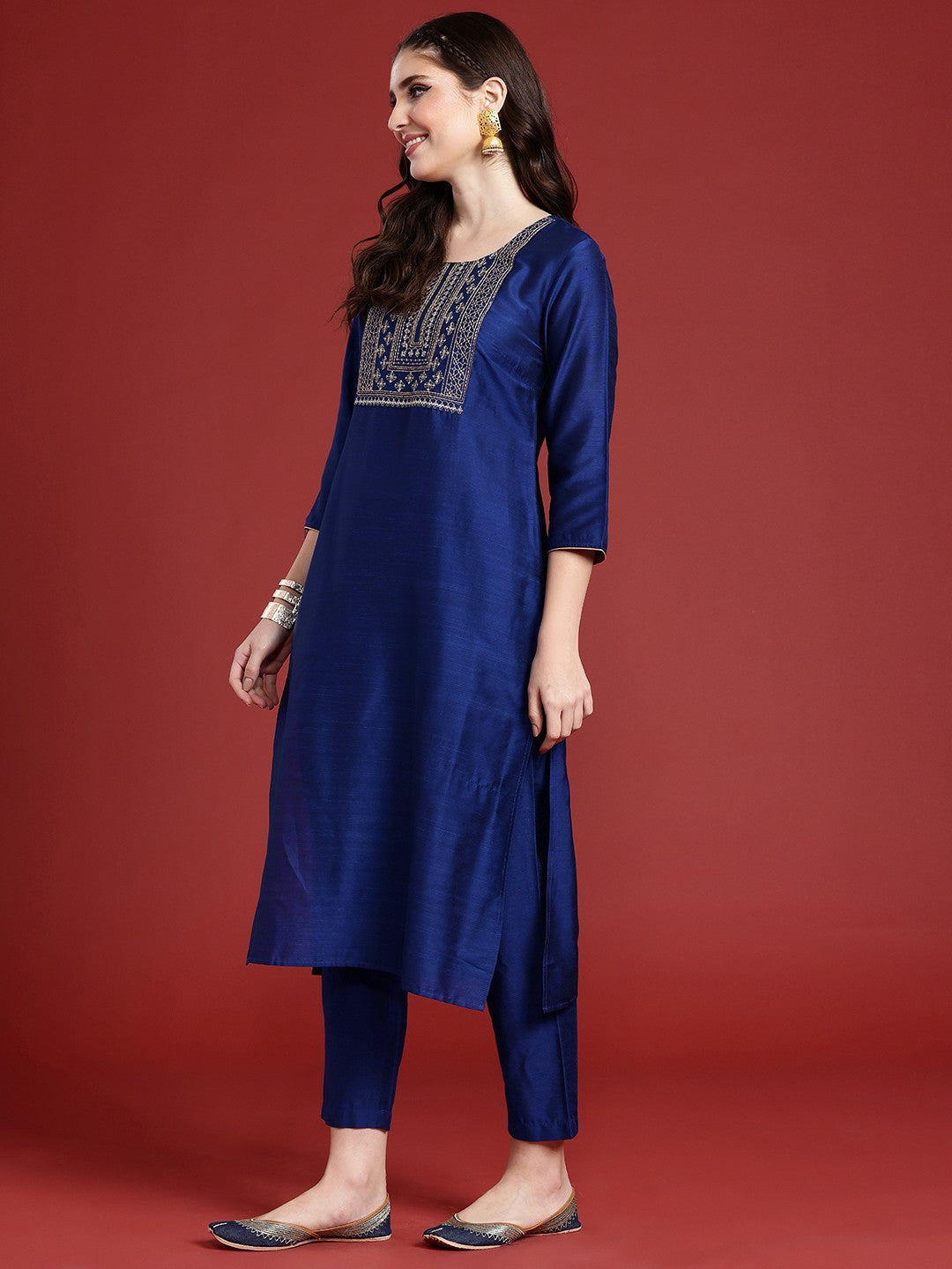 Blue Yoke Design Thread Work Kurta Set with Trousers & Dupatta