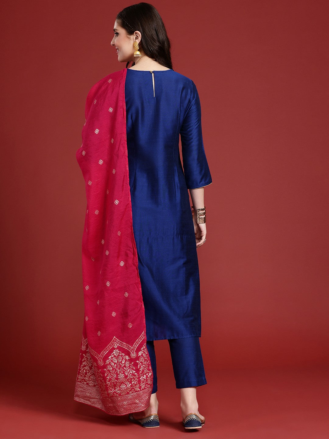 Blue Yoke Design Thread Work Kurta Set with Trousers & Dupatta