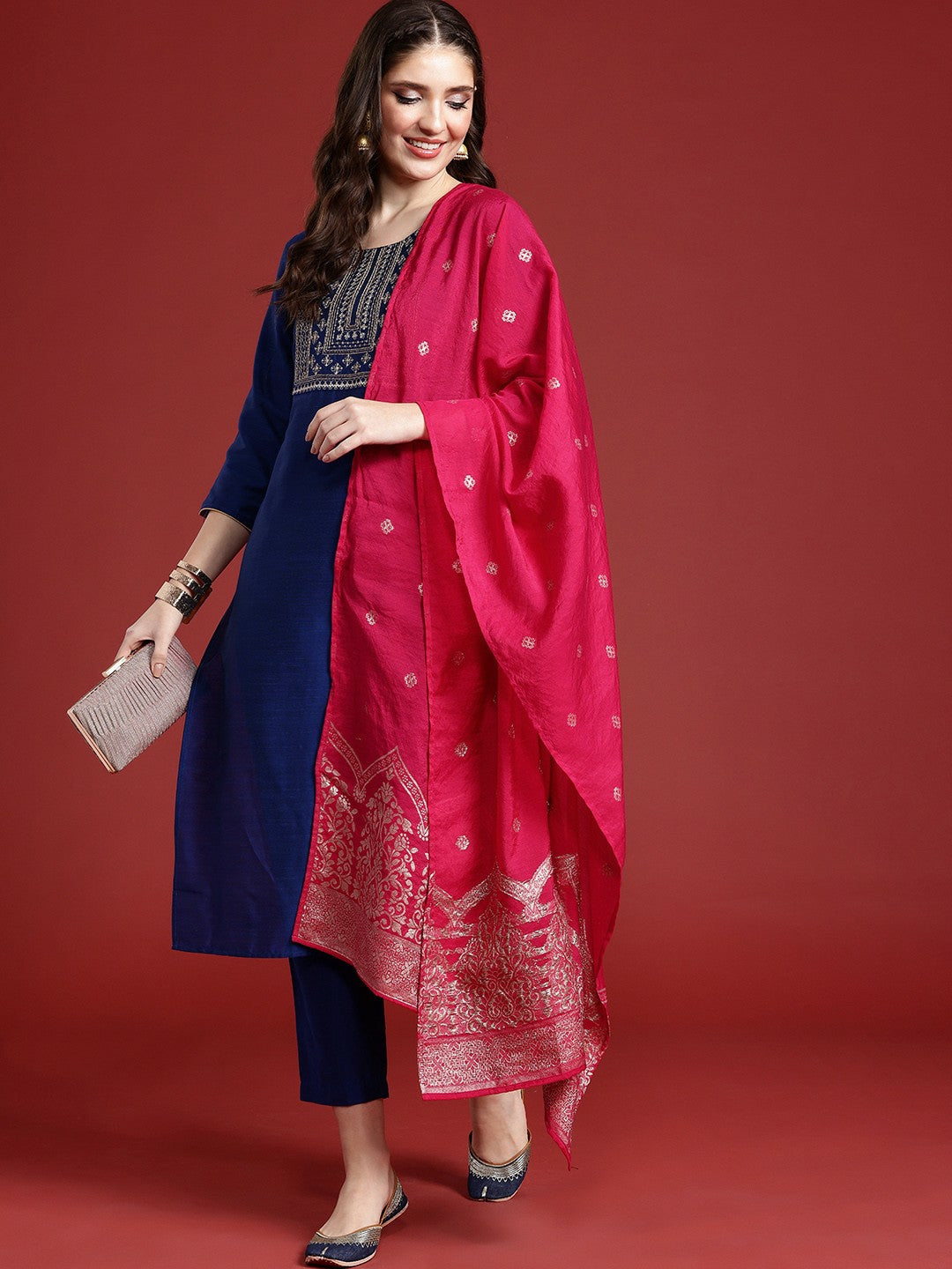 Blue Yoke Design Thread Work Kurta Set with Trousers & Dupatta