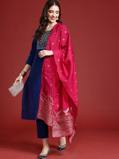 Blue Yoke Design Thread Work Kurta Set with Trousers & Dupatta