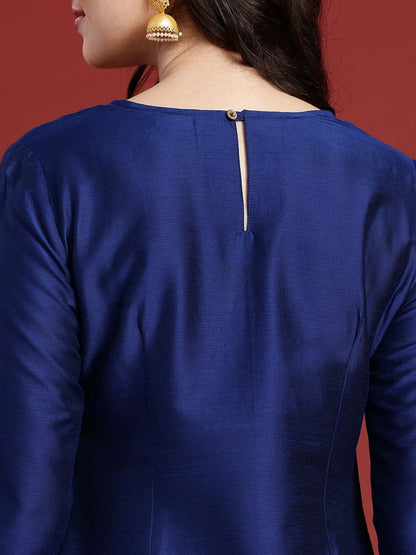 Blue Yoke Design Thread Work Kurta Set with Trousers & Dupatta