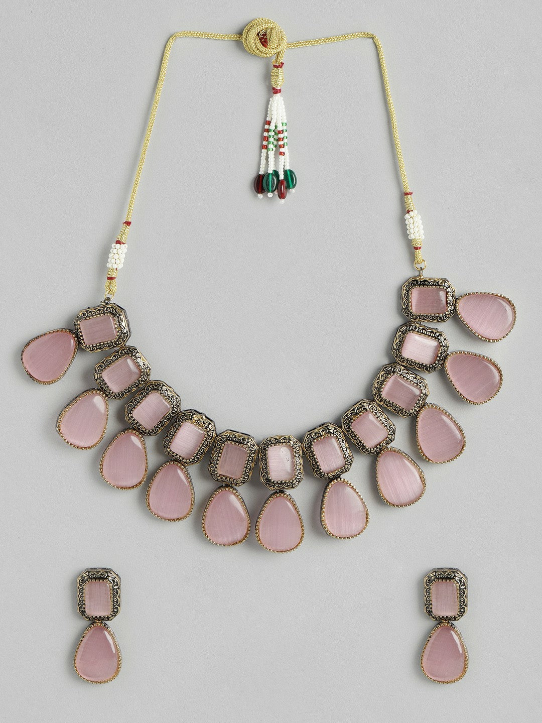 Black Gold-Plated Monalisa Stone Choker Necklace with Earrings Set