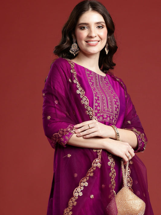 Purple Ethnic Motif Embroidered Kurta with Trousers & Dupatta