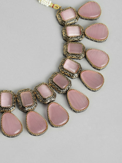 Black Gold-Plated Monalisa Stone Choker Necklace with Earrings Set